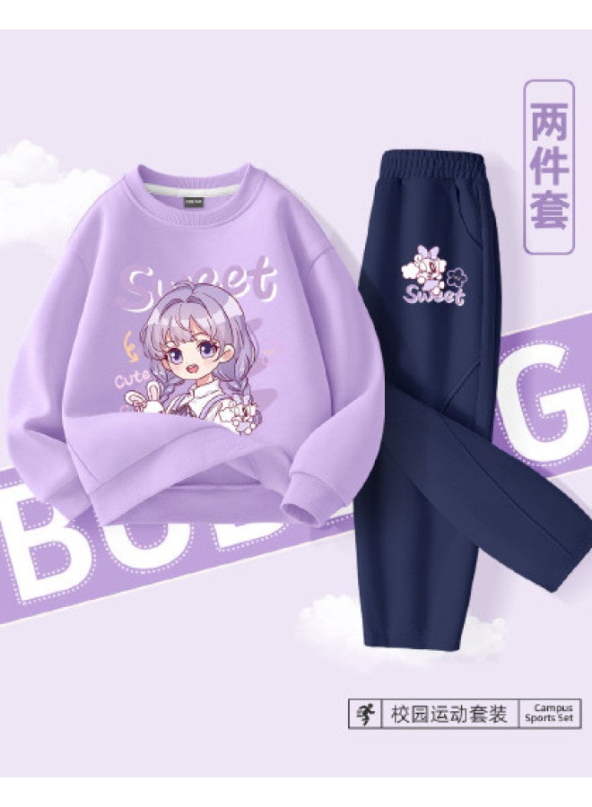 Babu Bean Children's Spring Outfit Girls' Set Spring Thin Sportswear Large Kids Basic Crewneck Sweatshirt Curved Wide-leg Pants Trendy - Image 1